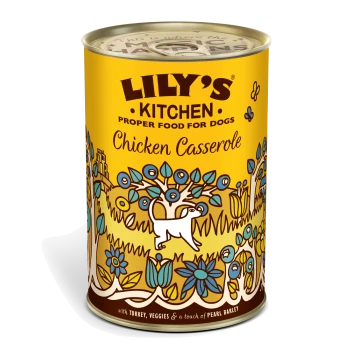 Lily's Kitchen Chicken Casserole dog food can with colorful floral and dog illustration, labeled "Proper Food for Dogs"