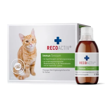 RECOACTIV ImmunTonicum für Katzen, 90ml Flasche mit einer Box, behauptet, den Appetit und die Nährstoffaufnahme zu unterstützen. Glutenfrei.