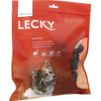Sensi'Pick Straussenhals Ein roter Haustierfutterbeutel mit der Aufschrift "LECKY Sensi'Pick", der Straußhals-Leckerlis enthält, mit Bildern eines Hundes und Symbolen, die fettarm und sensitiv anzeigen.