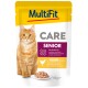 MultiFit CARE Senior Katzenfutter mit Huhn in Sauce zur Muskelpflege, 85g Beutel, mit orangefarbener Katze und Futternapf.