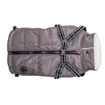 Grau gepolsterter Hundemantel mit einem Reißverschluss vorne, mit schwarz-weißen verstellbaren Riemen und einem weichen Innenfutter.