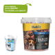 Vergleich von MultiFit Hundesnacks: ein großer Behälter mit der Aufschrift "Mini Soft Trainies" mit einem Hundebild und einer kleineren Tasse, die "Neues DESIGN, gleiche QUALITÄT" anmerkt.