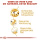 Bild, das Katzenfutter bewirbt, mit dem Text: "Geben Sie Ihrer Katze die Nahrung, die sie braucht" und Symbolen für Gesundheit und Vitalität.