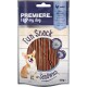 Eine Hundesnackverpackung mit einem glücklichen Corgi, beschriftet mit "Premiere. Ich ❤️ meinen Hund," "Fun Snack Sandwich," und "Huhn mit Fisch," 70g, weich.