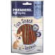 Eine Hundesnackverpackung mit einem glücklichen Corgi, beschriftet mit "Premiere. Ich ❤️ meinen Hund," "Fun Snack Sandwich," und "Huhn mit Fisch," 70g, weich.