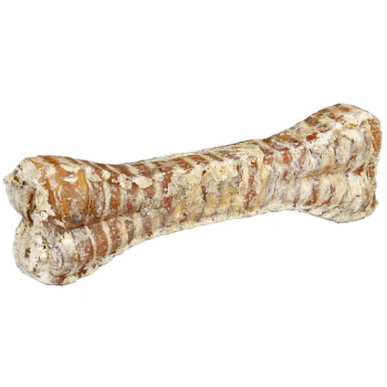 Kauknochen aus Strossen 2 Stück, 15 cm Ein großer, natürlicher Hundekau-Knochen mit einer strukturierten Oberfläche, der eine Mischung aus braunen und beigen Farben aufweist, ideal zum Kauen für Haustiere.