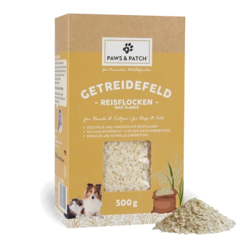 Paws & Patch Getreidefeld Reisflocken 500g für Hunde und Katzen — Schachtel mit Sichtfenster, Haufen von Flocken, Hund und Katze