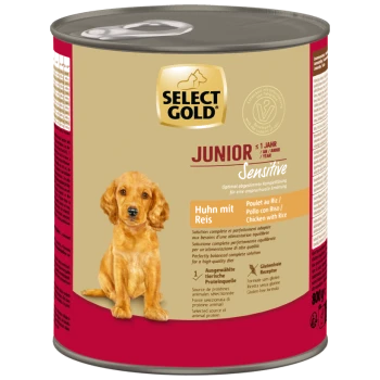 Select Gold Junior Sensitive Hundefutterdose mit Welpenbild, Huhn mit Reis Geschmack, glutenfrei, 800g.