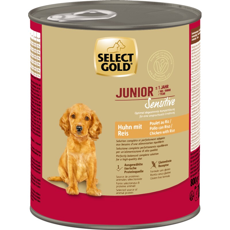 SELECT GOLD natvoer hond Sensitive Junior Kip en rijst 24x800 g