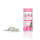 Flasche mit Taurinetten Nahrungsergänzungsmittel für Hunde und Katzen, mit einem Stapel runder Tabletten daneben; enthält Gesundheitsansprüche und Bilder von Haustieren.
