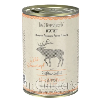 Dose Dr. Clauder's B.A.R.F. Wild-Schnortopf Tiernahrung mit Süßkartoffel, mit einer Silhouette eines Rehs und Text auf Deutsch.