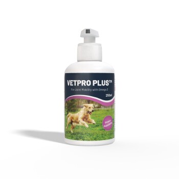 Bottle of VetPro Plus™ for joint mobility with Omega 3, 250ml, featuring a running golden retriever on the label.