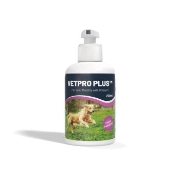 Bottle of VetPro Plus™ for joint mobility with Omega 3, 250ml, featuring a running golden retriever on the label.