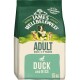 James Wellbeloved Adult Dog Food, Duck and Rice flavor, 15 kg bag, featuring playful dogs on the front.