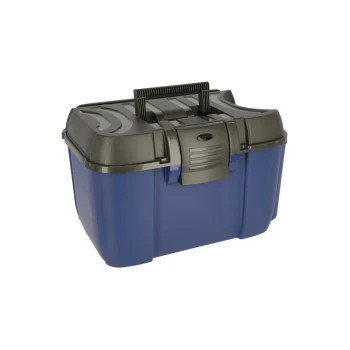 Blauer Aufbewahrungsbehälter für Haustierbedarf mit einem schwarzen Deckel und Griff, der zur Organisation von Haustierzubehör entworfen wurde.