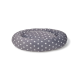 Round pet bed with a soft gray fabric covered in white star patterns, featuring a plush, cushioned center.