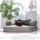Ein schwarzer und brauner Dackel sitzt bequem auf einem plüschigen grauen Hundebett mit einem kleinen Kissen, umgeben von Zimmerpflanzen und natürlichem Licht.