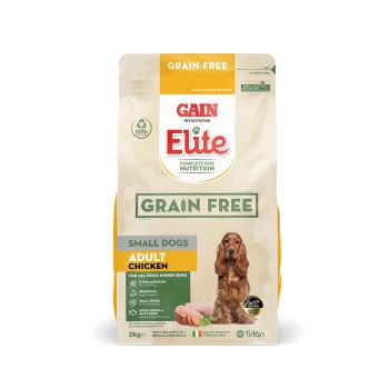 Gain Elite Grain Free dog food for small dogs, 2kg bag, featuring adult chicken formula with hydrolergenic ingredients and prebiotics.