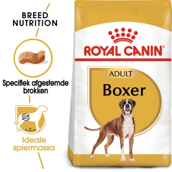 Royal Canin Adult Boxer hondenvoerzak met een afbeelding van een Boxer-hond, met tekst die de voeding voor het ras en de specifieke brokvorm benadrukt.