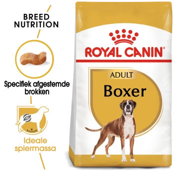 Royal Canin Adult Boxer hondenvoerzak met een afbeelding van een Boxer-hond, met tekst die de voeding voor het ras en de specifieke brokvorm benadrukt.