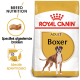Royal Canin Adult Boxer hondenvoerzak met een afbeelding van een Boxer-hond, met tekst die de voeding voor het ras en de specifieke brokvorm benadrukt.