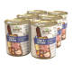 Sechs Dosen Betty's Landhausküche Hundefutter, beschriftet mit "Trut-Hahn" und Zutaten wie Kartoffel, Karotte und Apfel.