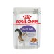 Pochette de nourriture pour chat Royal Canin Sterilised, 85 g, présentant une image de chat duveteux, avec du texte en plusieurs langues sur les chats adultes stérilisés.