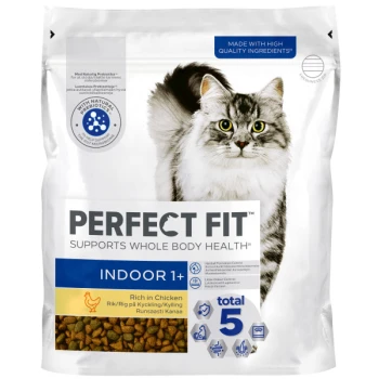 Perfect Fit Indoor 1+ cat food bag with a gray and white cat, rich in chicken, supports whole body health, total 5 benefits.