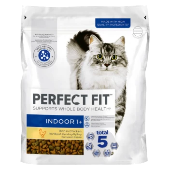 Perfect Fit Indoor 1+ cat food bag with a gray and white cat, rich in chicken, supports whole body health, total 5 benefits.