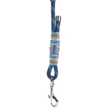 A blue and white patterned dog leash with a silver metal clip at the end, featuring a braided design and leather accents.