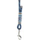 A blue and white patterned dog leash with a silver metal clip at the end, featuring a braided design and leather accents.