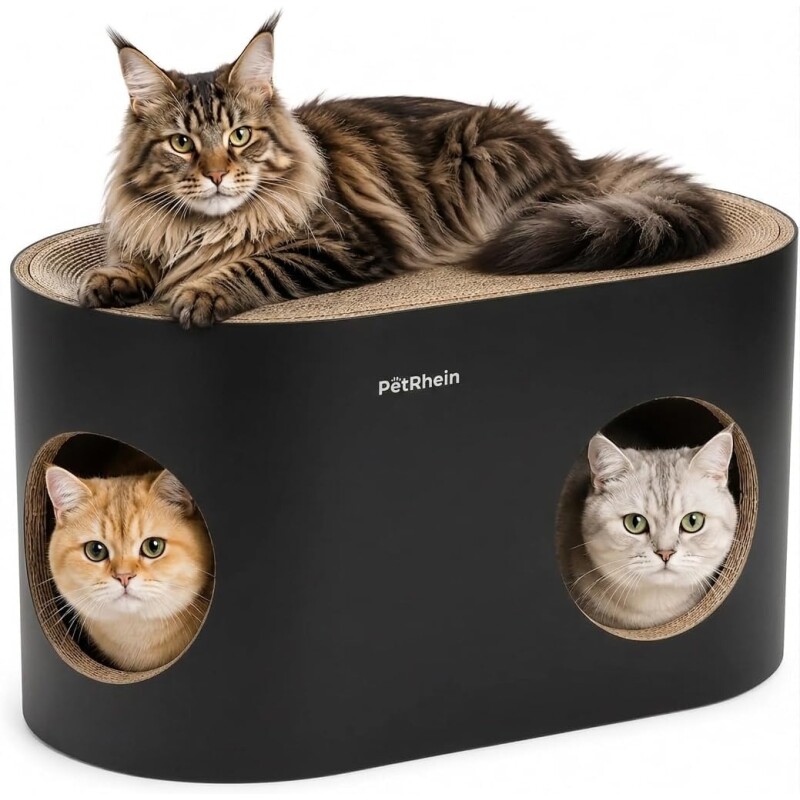 PetRhein 3-in-1 Kratzbrett für Katzen aus Kratzpappe großes Katzenhöhle mit Kratzmatte & Katzenbett – 64 x 35 x 36 cm– Stabiles Kratzpappe,...