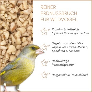 Gehackte Erdnüsse für Wildvögel mit einem Grünfink, beschriftet mit protein- und fettreich, ganzjährig, beliebt bei Finken, Meisen, Spechten, hohe Qualität, hergestellt in Deutschland.