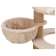 Ein plüschiges beiges Katzenbett, das an einem Katzenbaum befestigt ist, mit einem weichen, gemütlichen Innenraum und einer stabilen Seilunterstützung.
