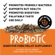 Probiotische Faserpellets für Hunde auf orangefarbenem Etikett mit dem Wort 'PROBIOTIC', einer Checkliste mit Darmvorteilen und Abzeichen 'Schnell wirkende Darmpflege'