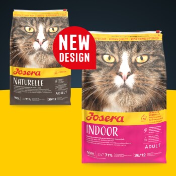 Zwei Josera Katzenfutterbeutel mit großem Katzenkopf, Kennzeichnungen 'Naturelle' und 'Indoor', rotem 'NEW DESIGN'-Abzeichen und 'Adult'-Label