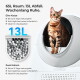 Getigerte Katze in einer weißen automatischen runden Katzentoilette mit Werbetext: '65L Raum. 13L Abfall. Wochenlang Ruhe.' und hervorgehobenem '13L'.