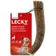 Ein kleiner natürlicher Hundekau-Stick mit der Aufschrift "LECKY" und einem Hund, der ihn ansieht, mit "100% natürlich" und "Knabber-Geweih."
