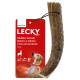 Un petit bâton à mâcher naturel pour chien étiqueté "LECKY" avec un chien le regardant, présentant "100% naturel" et "Knabber-Geweih."