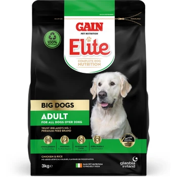 Black 3kg dog food bag labeled "GAIN Elite Complete" with a golden retriever, claiming hypoallergenic, prebiotics, and omega-3.
