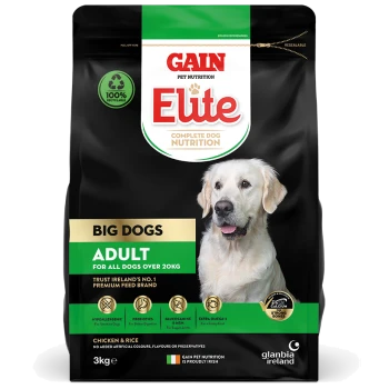 Black 3kg dog food bag labeled "GAIN Elite Complete" with a golden retriever, claiming hypoallergenic, prebiotics, and omega-3.