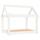 Weißes Holz-Haustierbett mit einem hausförmigen Design und einem Lattenboden, geeignet für kleine Haustiere.