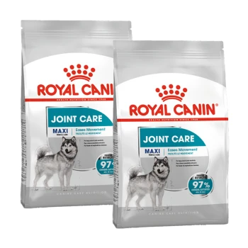 Zwei Beutel Royal Canin Joint Care Hundefutter, beschriftet mit 'MAXI' und 'Eases Movement', mit einer Husky-Illustration und dem Text '97% der Besitzer zufrieden'.