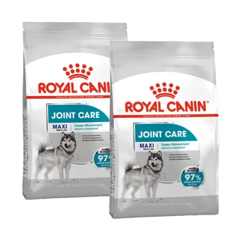 Deux sacs de nourriture pour chiens Royal Canin Joint Care, étiquetés 'MAXI' et 'Facilite le mouvement', avec une illustration de husky et le texte '97% des propriétaires satisfaits'.
