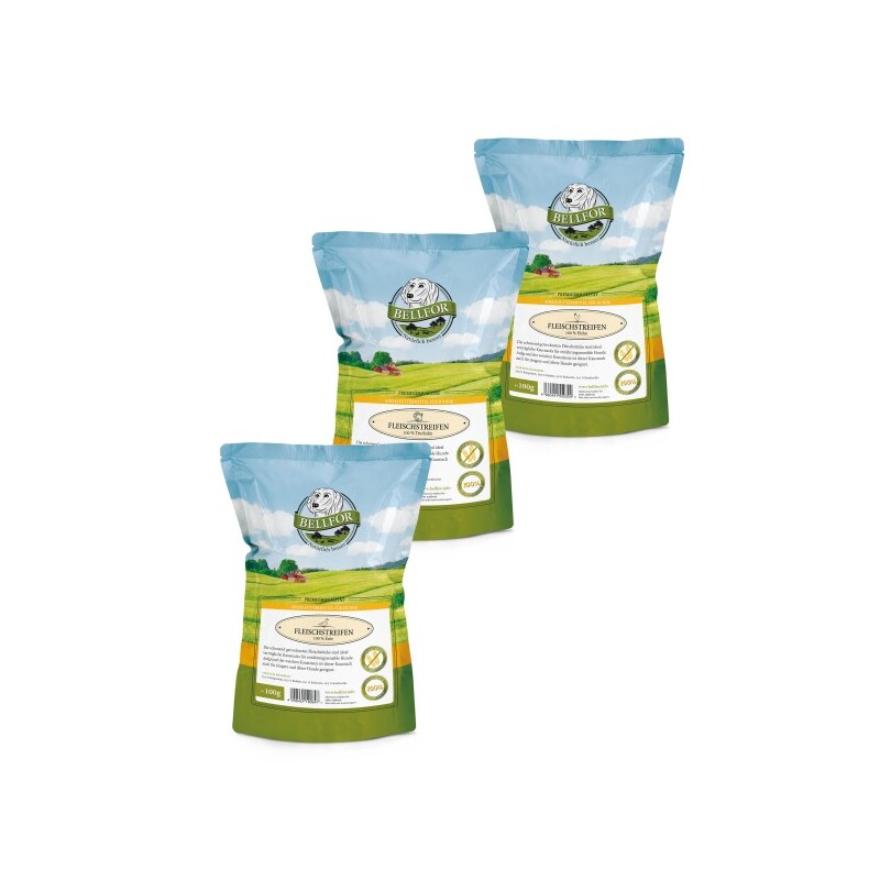 Bellfor Sparset Nr. 1 - Trockenfleischstreifen Mix Huhn 100g, Truthahn 100g &amp; Ente 100g