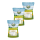 Drei Beutel BELLIOR Haustierfutter, beschriftet mit "FLEISCHTREFFEN", mit einem Design von blauem Himmel und grünem Feld, jeder enthält 100g.