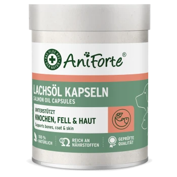 Behälter mit AniForte Lachsölkapseln, beschriftet in Deutsch und Englisch, zur Unterstützung von Knochen, Fell und Haut.