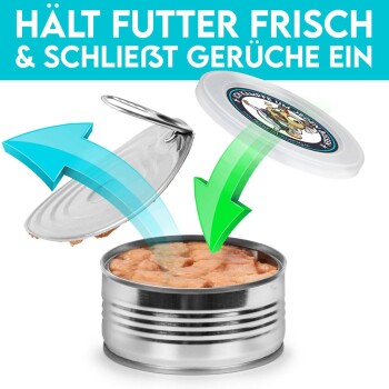Bild einer Metall-Hundefutterdose mit teilweise geöffnetem Deckel, die das Futter im Inneren zeigt. Der Text oben lautet: "HÄLT FUTTER FRISCH & SCHLIEßT GERÜCHE EIN."