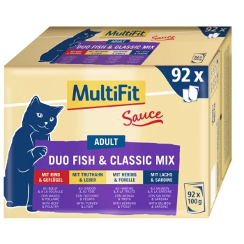 MultiFit Erwachsenen-Katzenfutterbox mit "Duo Fish & Classic Mix" mit 92 x 100g Portionen, einschließlich Geschmäckern wie Rind, Truthahn und Lachs.
