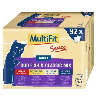 MultiFit Erwachsenen-Katzenfutterbox mit "Duo Fish & Classic Mix" mit 92 x 100g Portionen, einschließlich Geschmäckern wie Rind, Truthahn und Lachs.